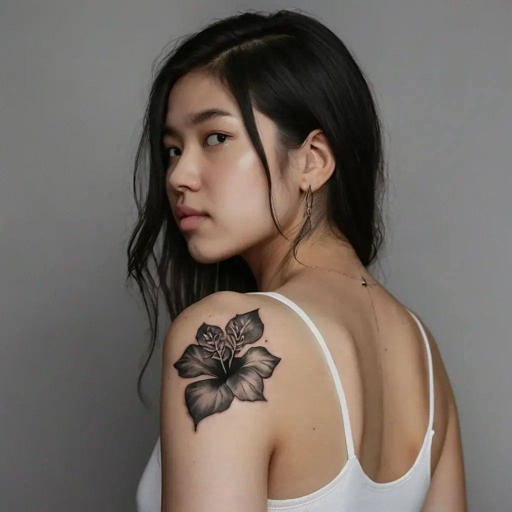 Black and gray hibiscus tattoo on shoulder, showcasing detailed petals and leaves with soft shading.