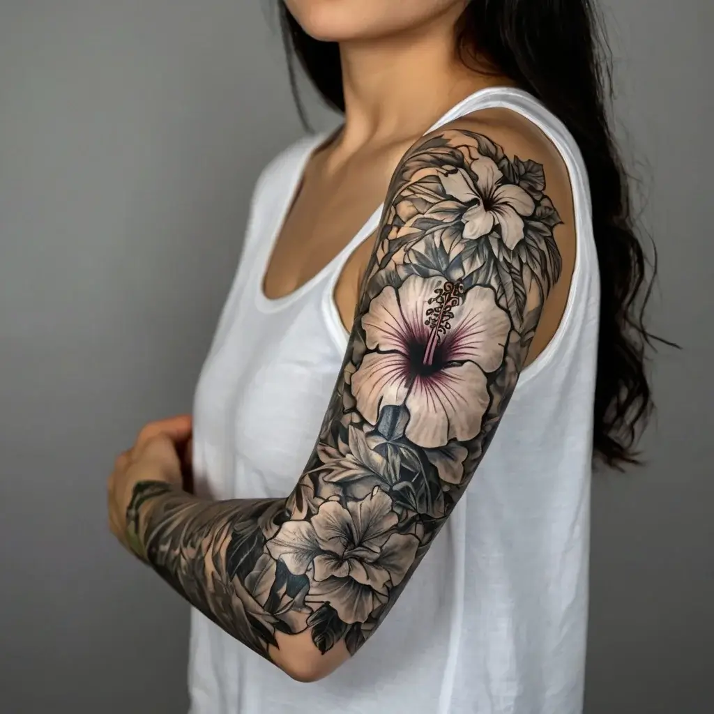 Arm tattoo with intricate black and gray hibiscus flowers, featuring detailed petals and leaves, adding depth and texture.