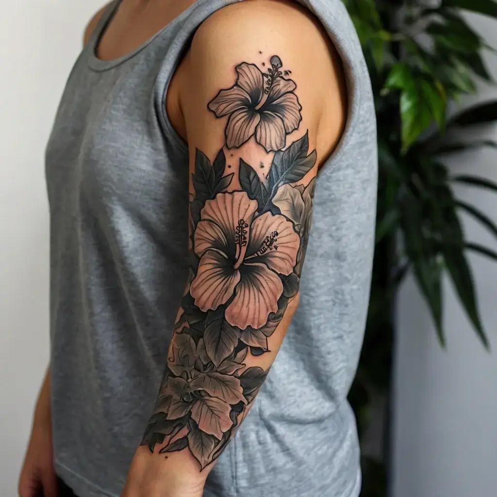 Arm tattoo featuring detailed hibiscus flowers in shades of pink and grey, accented by bold leaves, creating a vibrant sleeve.