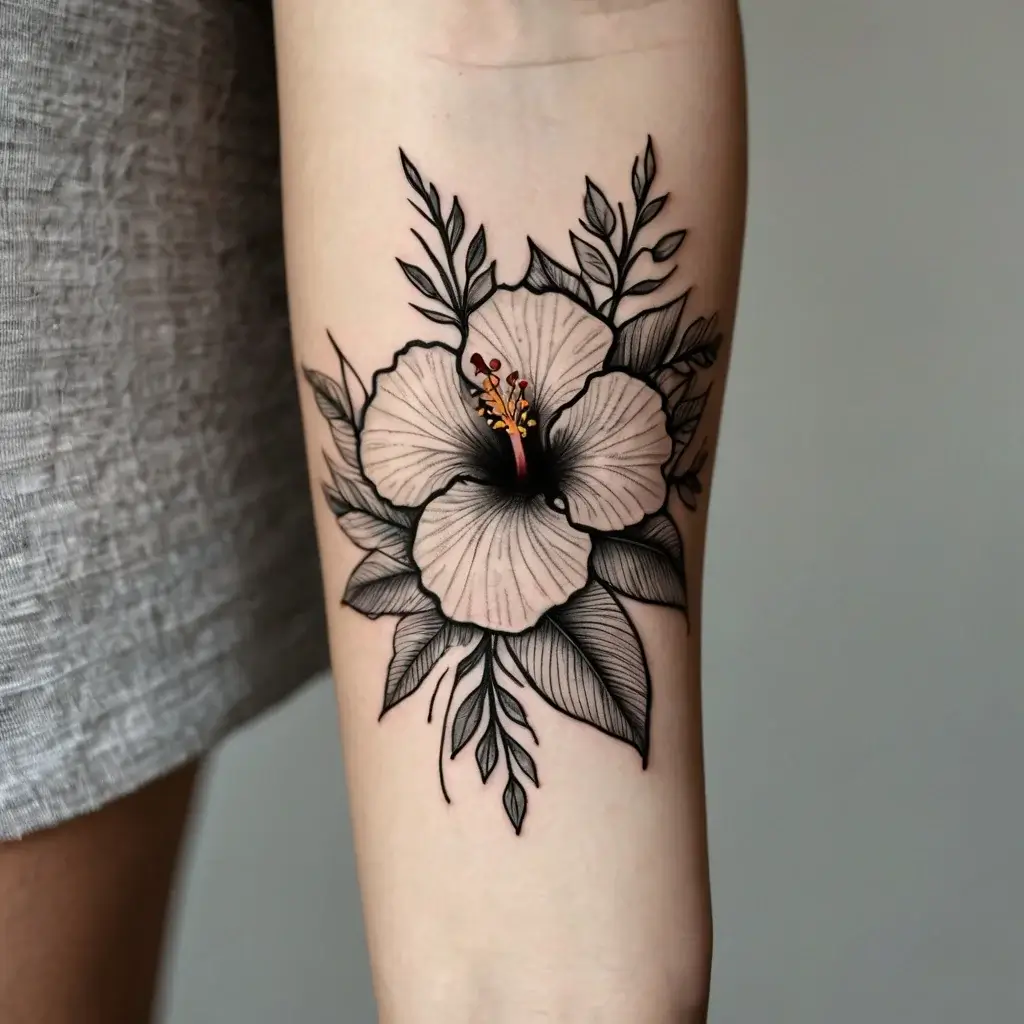 Detailed black and grey hibiscus tattoo with fine linework and intricate shading, accented by delicate leaves.