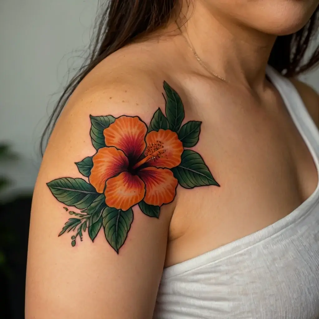 Vibrant orange hibiscus tattoo on shoulder with lush green leaves, emphasizing bold outlines and intricate details.