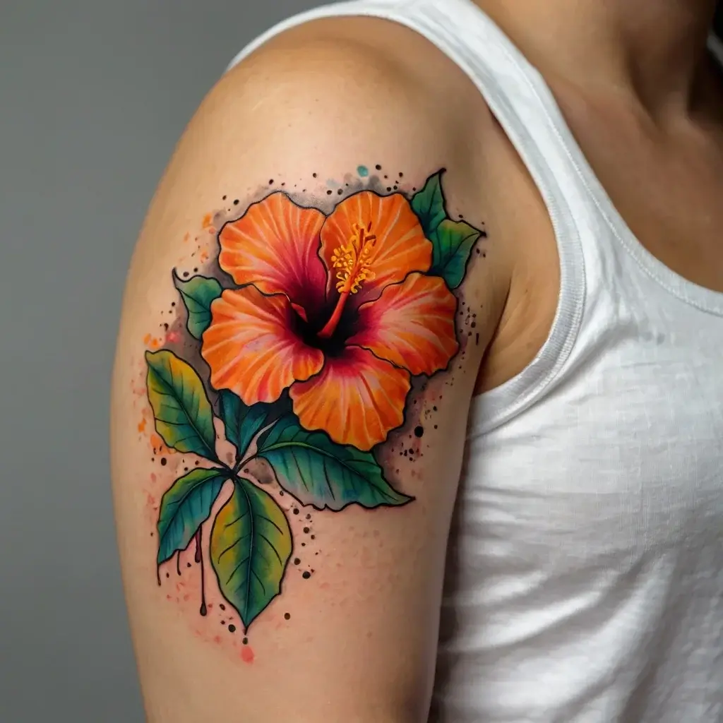 A vibrant orange hibiscus tattoo with green leaves, featuring bold outlines and watercolor splashes on an upper arm.