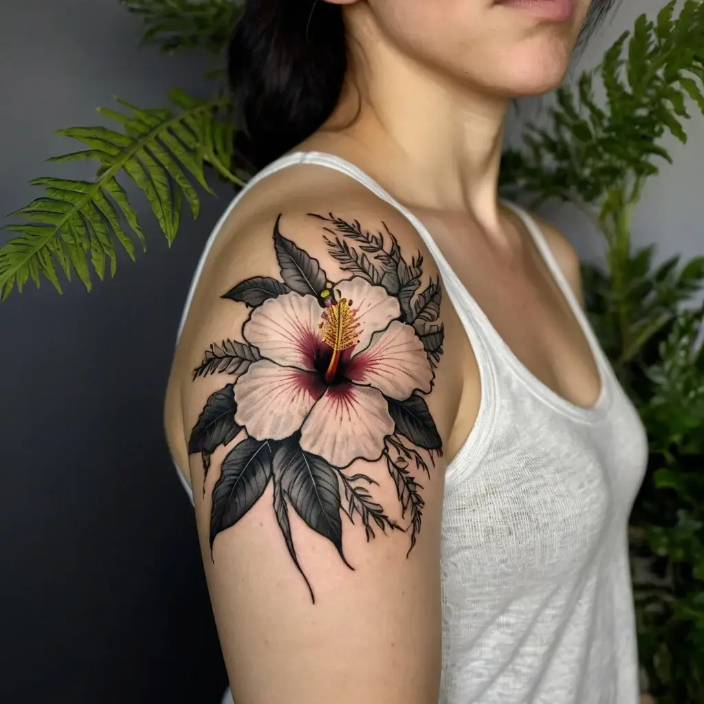 Hibiscus tattoo on shoulder with intricate black leaves and detailed petals, accented with fern-like elements.