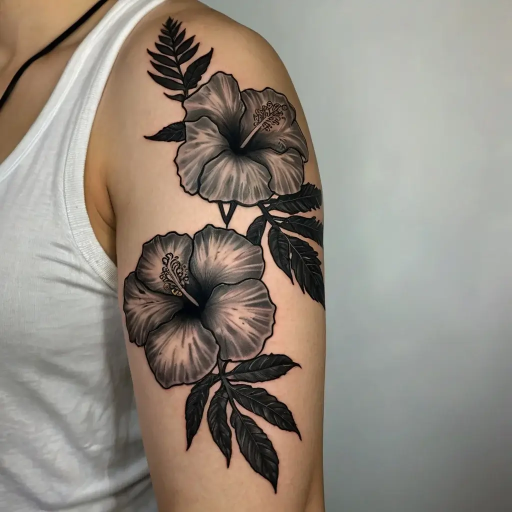 Black and gray hibiscus flowers with detailed shading and leaves cover the upper arm, creating a bold, natural look.