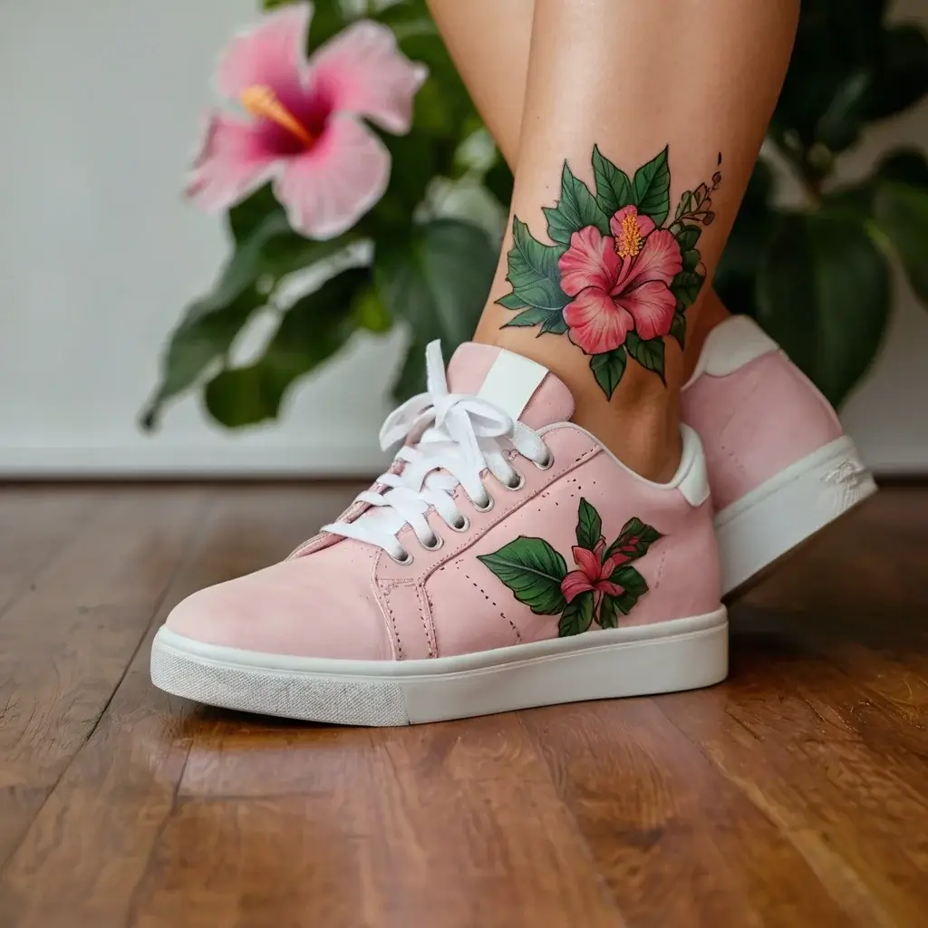 Ankle tattoo of vibrant pink hibiscus with lush green leaves, mirroring the same design on pink sneakers.