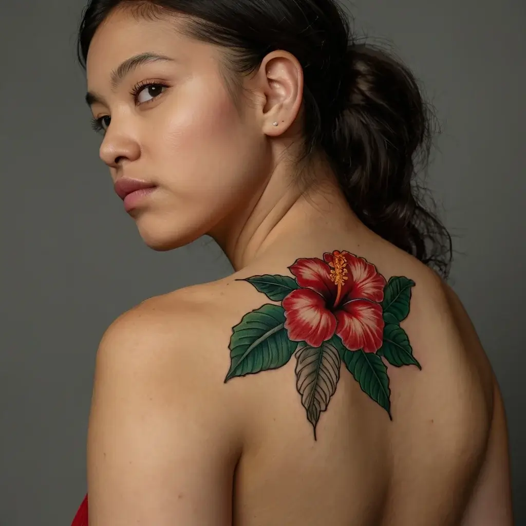 A vibrant hibiscus tattoo with red petals and green leaves on the shoulder, symbolizing beauty and tropical flair.