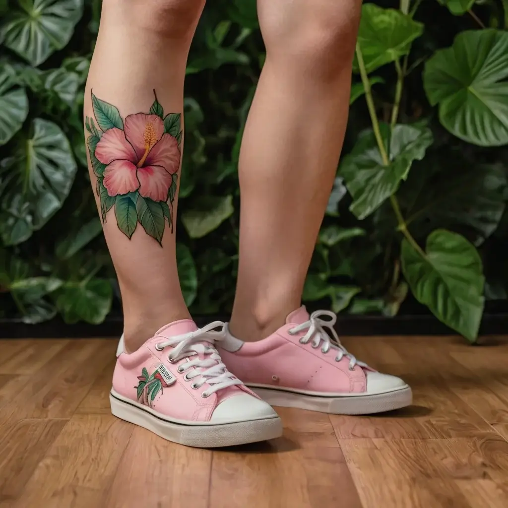 Tattoo of a vibrant pink hibiscus with detailed green leaves on the calf, creating a striking, natural look.