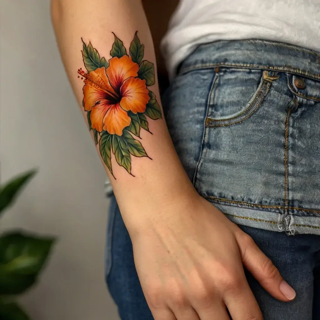 Tattoo of a vibrant orange hibiscus flower with detailed green leaves on the forearm, symbolizing beauty and allure.