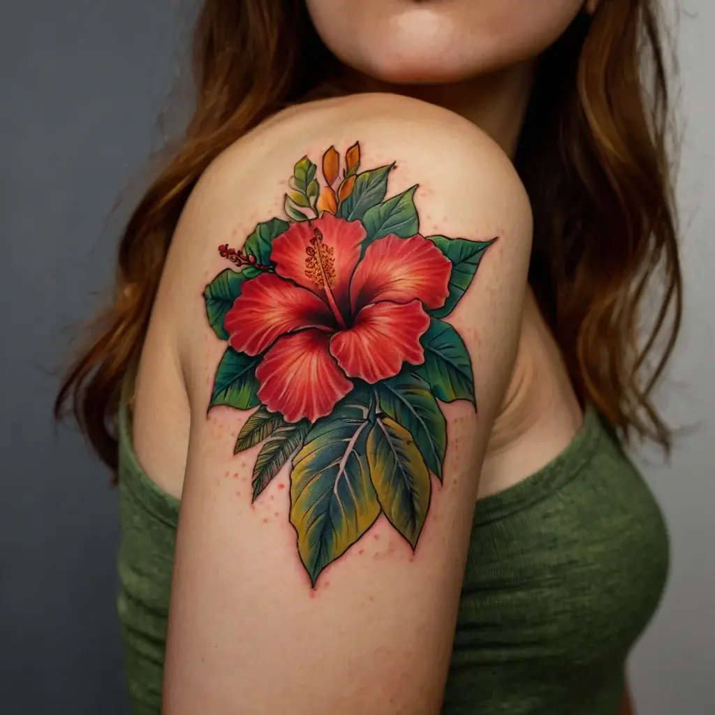 Vivid hibiscus tattoo on the shoulder with red petals and lush green leaves, accenting natural beauty and tropical vibes.