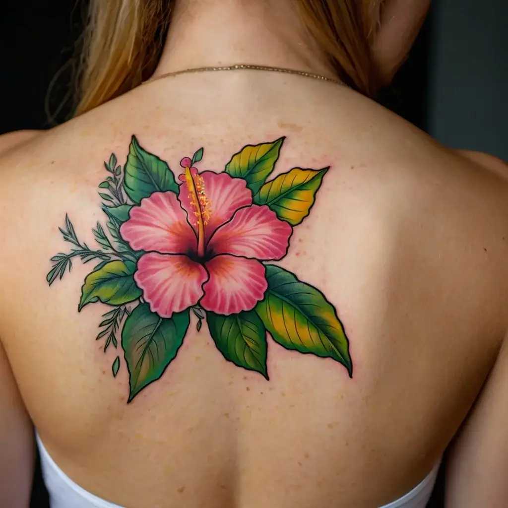 Tattoo of a vibrant pink hibiscus with lush green leaves and intricate details on a person's upper back.