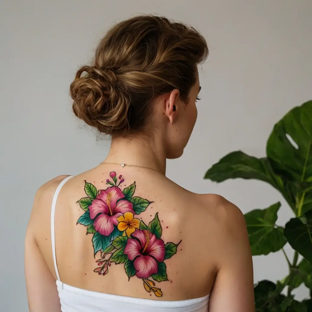 Colorful hibiscus tattoo on back, featuring pink and yellow blooms with green leaves, symbolizing beauty and joy.