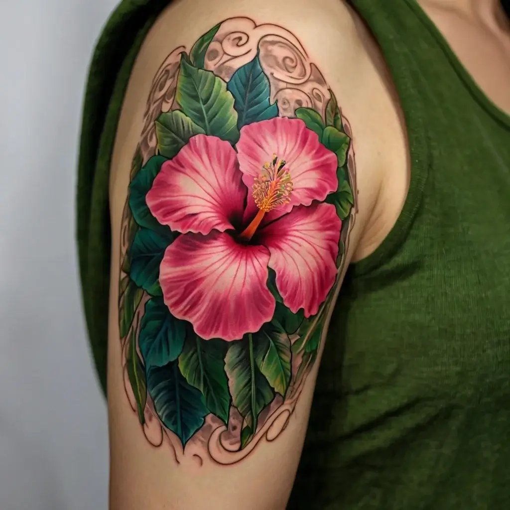 Tattoo of a vibrant pink hibiscus with lush green leaves, surrounded by swirling patterns on the upper arm.