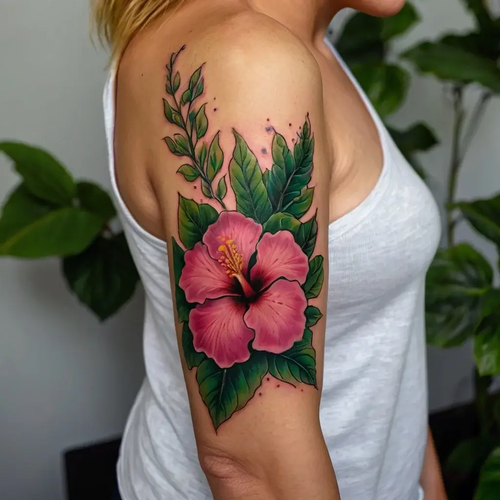 Colorful hibiscus tattoo on upper arm, featuring a vibrant pink flower with bold green leaves and delicate shading.