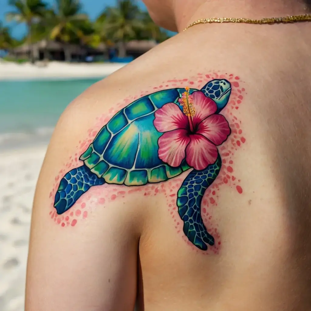 Vibrant tattoo of a sea turtle with a pink hibiscus flower on the shell, set against a dotted background on the shoulder.