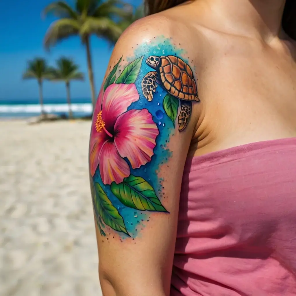 Colorful tattoo with a pink hibiscus flower and sea turtle, set against a vibrant blue background on a beach backdrop.