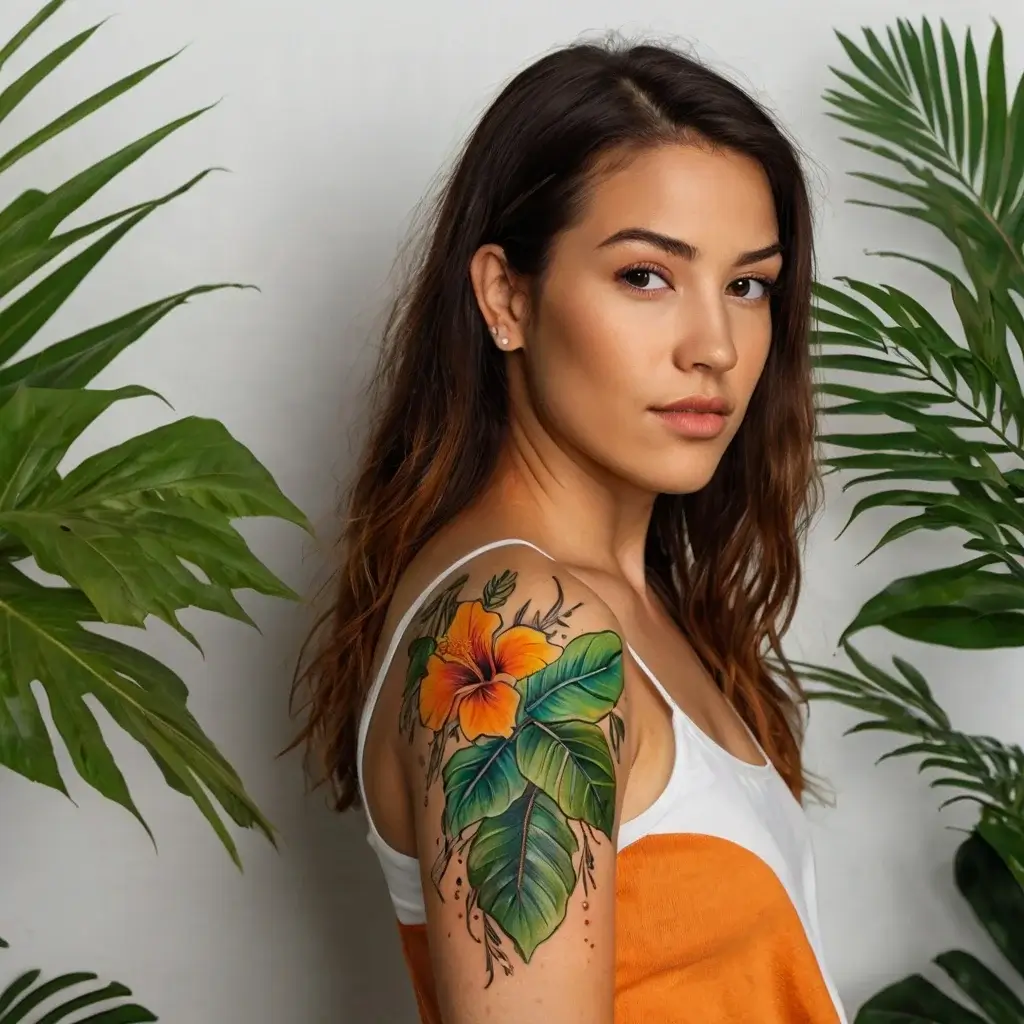 Tattoo of a vibrant orange hibiscus with lush green leaves on a woman's upper arm, highlighting nature's beauty.