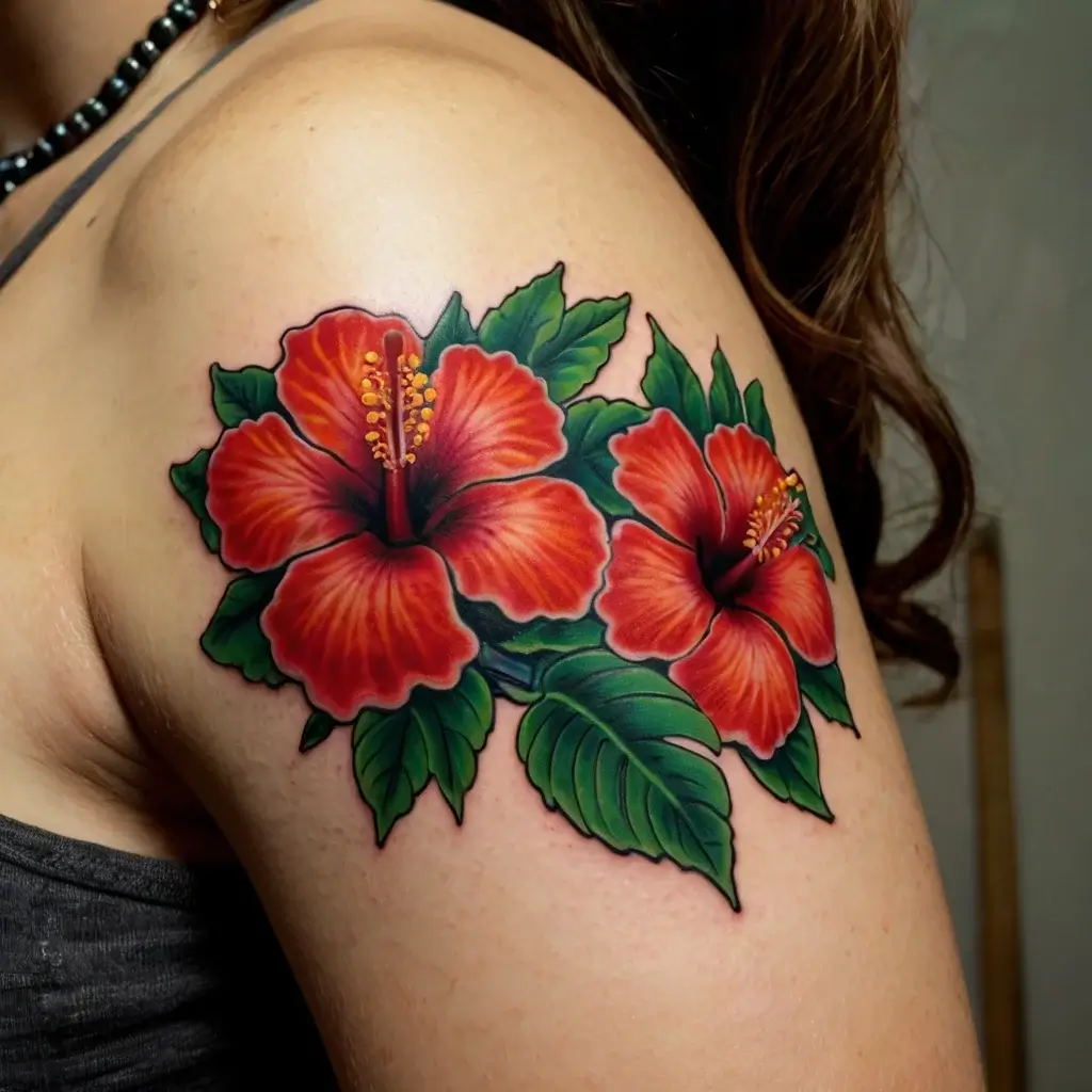 Bold red hibiscus flowers with lush green leaves tattooed on the upper arm, showcasing vibrant color and detail.