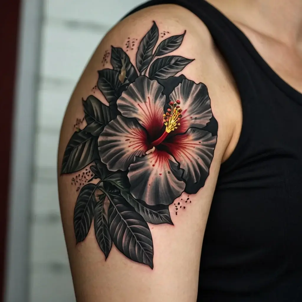 Detailed hibiscus tattoo on shoulder, with red center and black leaves, blending realism and bold contrasts.