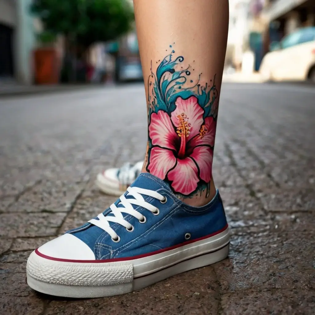 Colorful hibiscus tattoo with splashes of blue water ink on the leg, between ankle and calf.