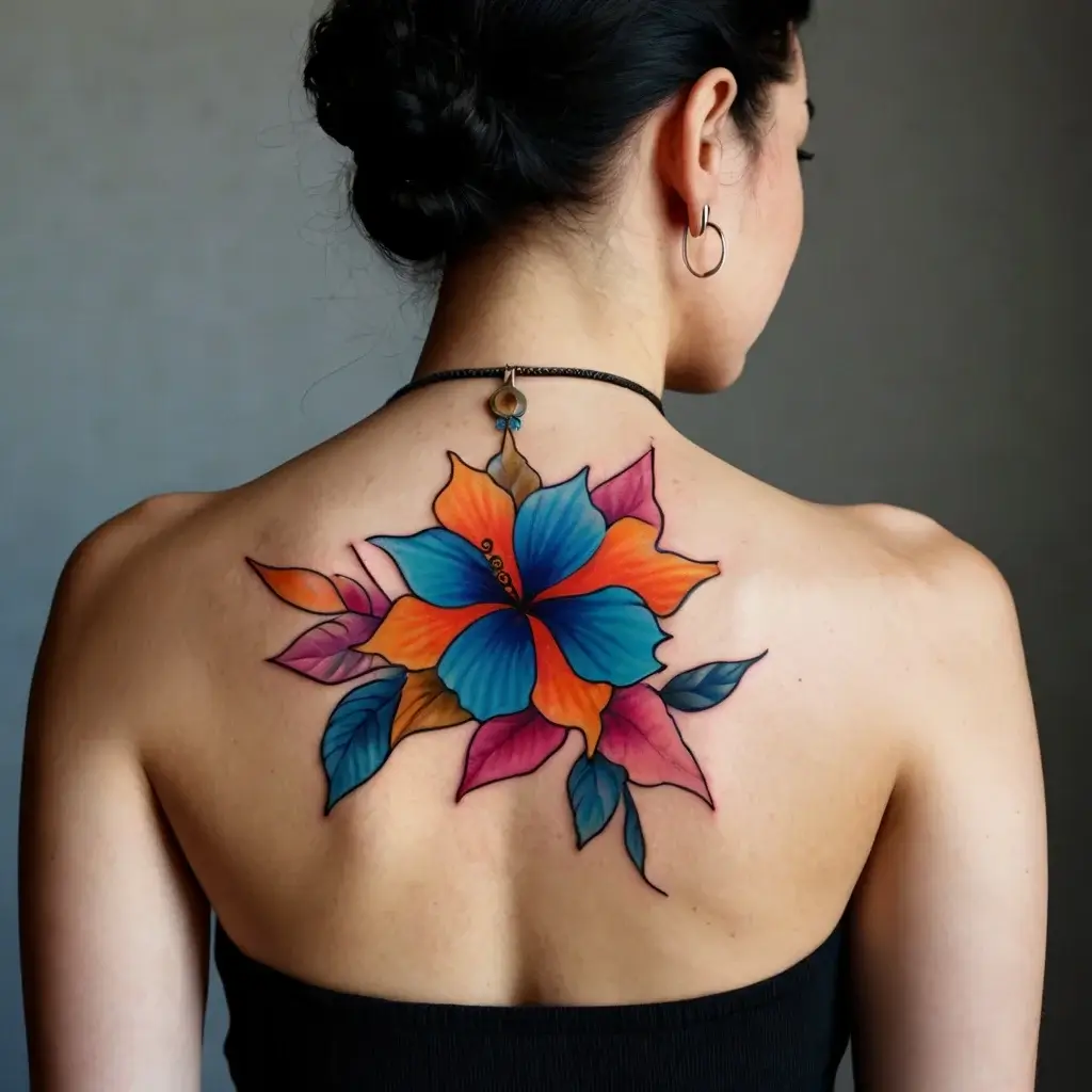 Vibrant floral back tattoo featuring bold blue, orange, and pink petals, accented by leaves, creating a striking design.