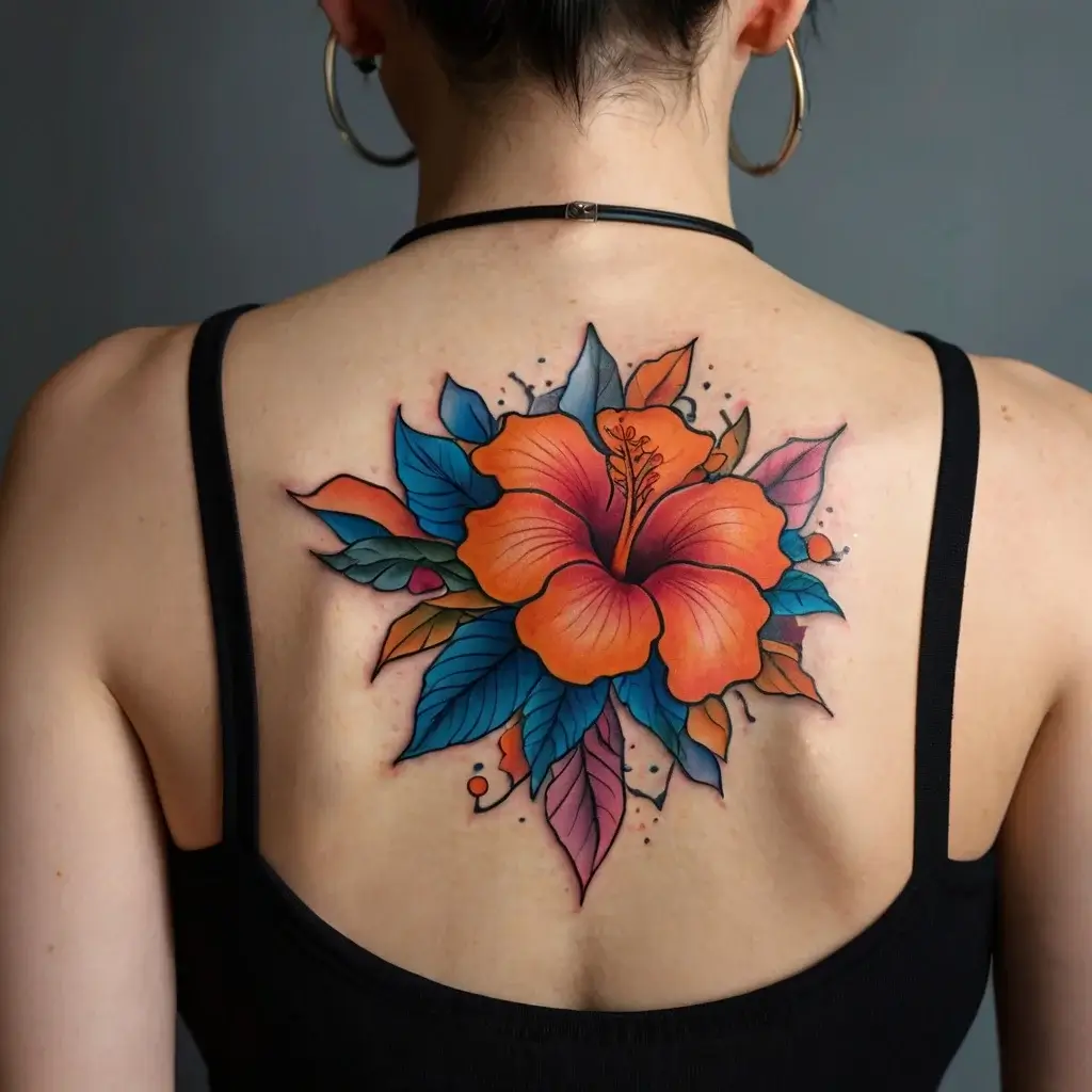 A vibrant hibiscus tattoo on the upper back, featuring orange petals and colorful leaves with bold outlines.