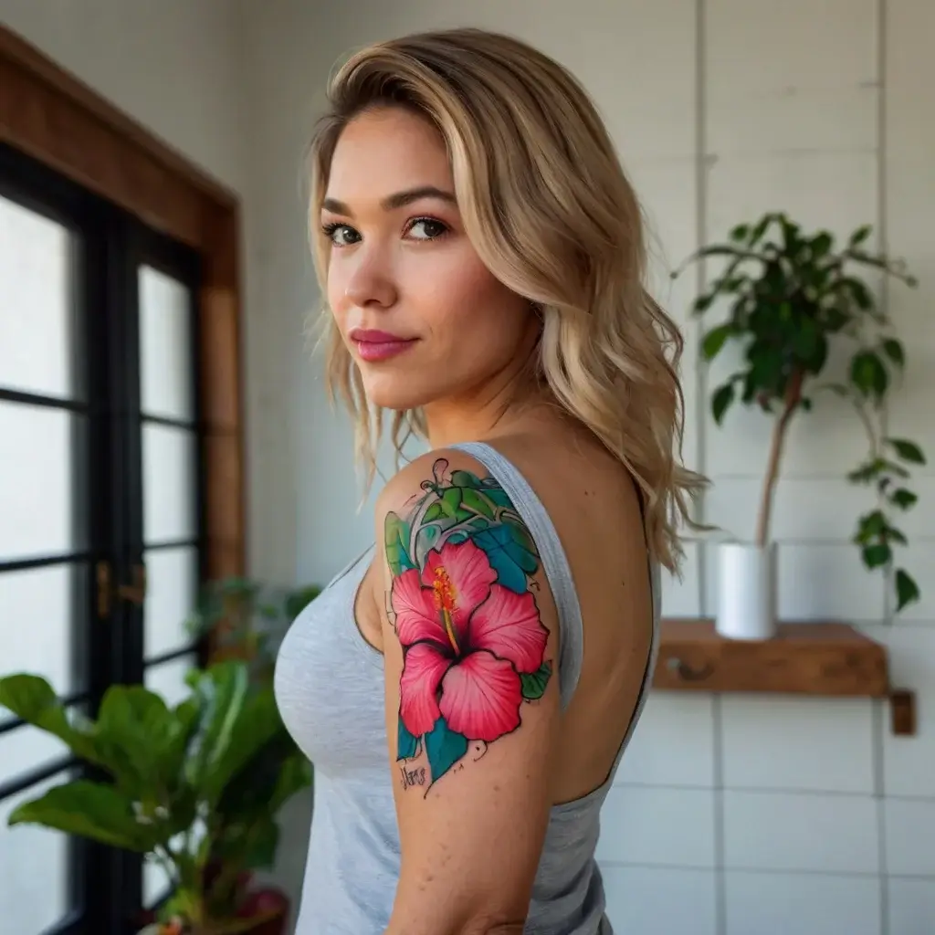 A vibrant hibiscus flower tattoo on upper arm, featuring vivid pink petals, green leaves, and intricate detailing.