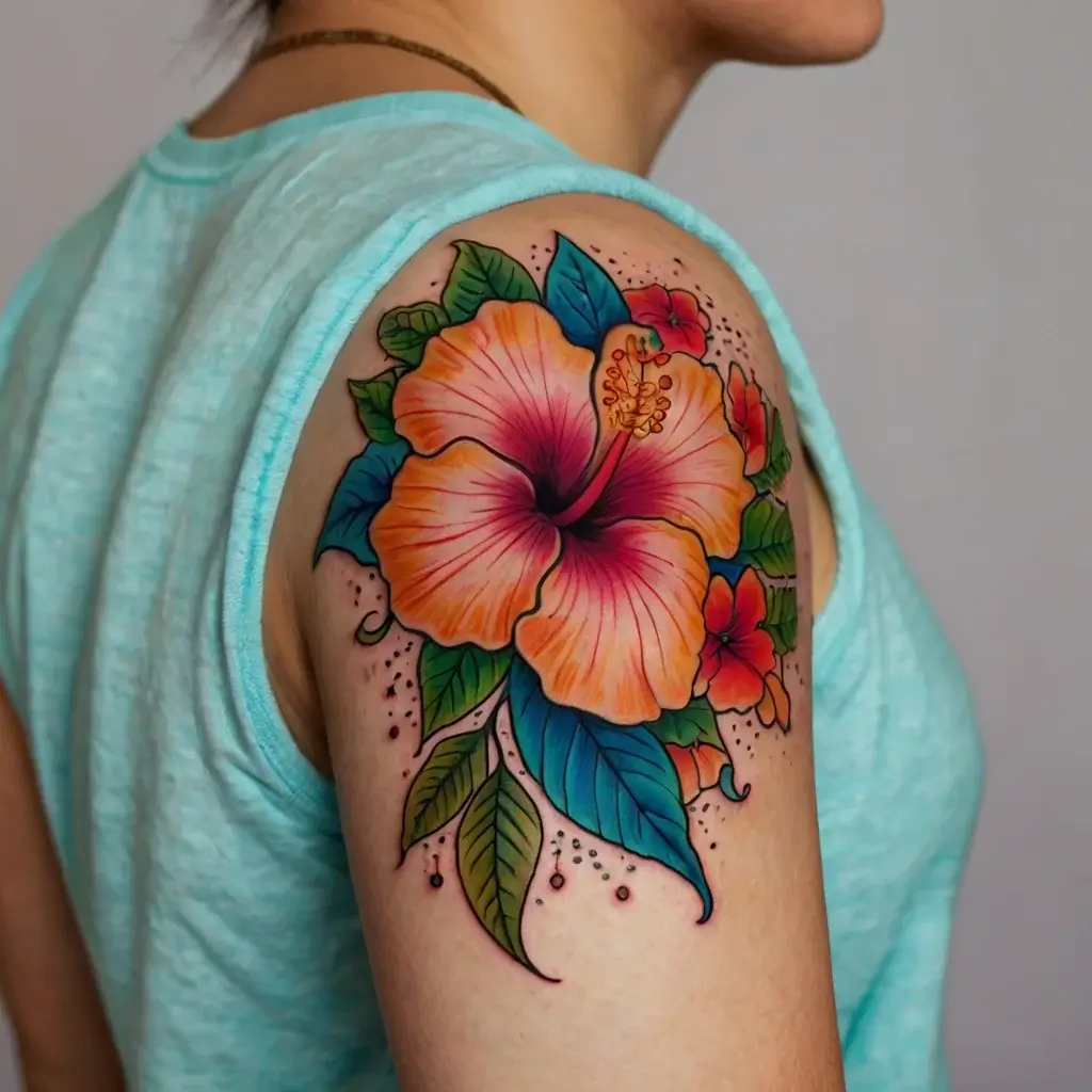 Colorful hibiscus tattoo on the upper arm, with vivid orange and pink petals, green leaves, and shading details.