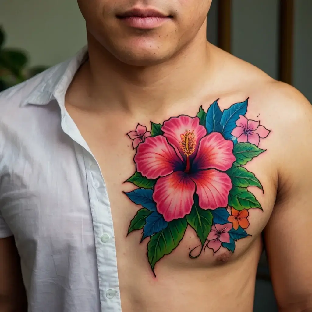 Bold hibiscus tattoo on chest; vibrant pink petals, lush green leaves, blue accents, detailed shading for depth.