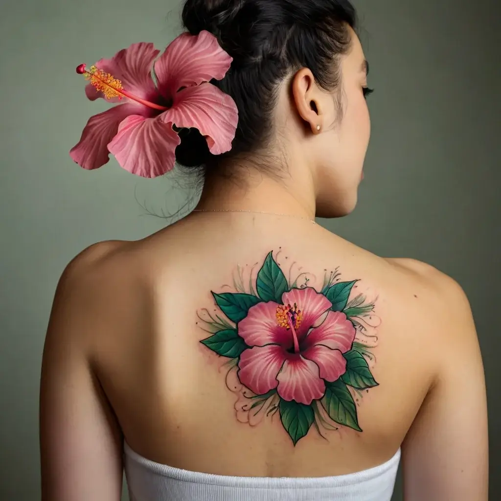 Tattoo of a vibrant pink hibiscus flower with green leaves on the back, showcasing intricate shading and delicate details.