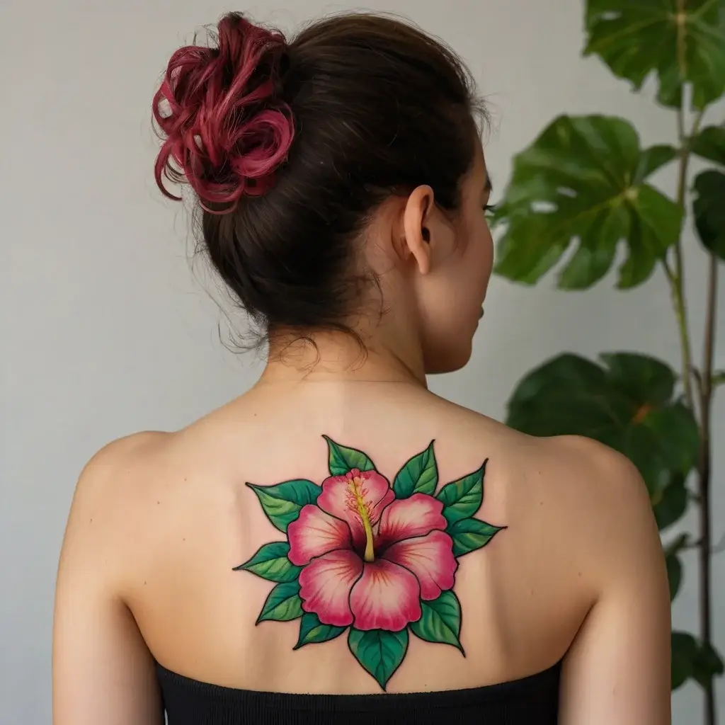 A vibrant hibiscus tattoo on the upper back, with detailed pink petals and lush green leaves, symbolizing beauty and delicacy.