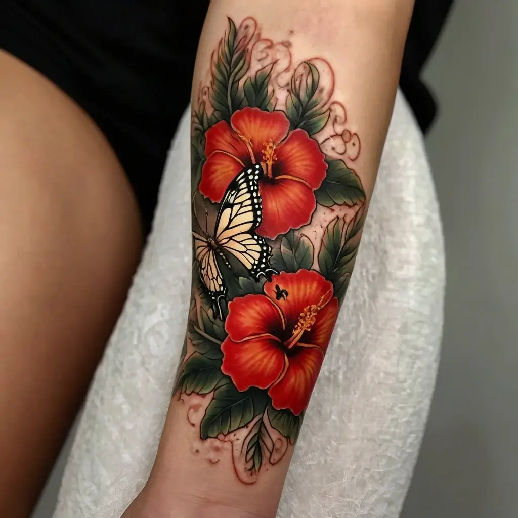 A vibrant tattoo featuring red hibiscus flowers and a detailed butterfly, with lush green leaves, on the forearm.