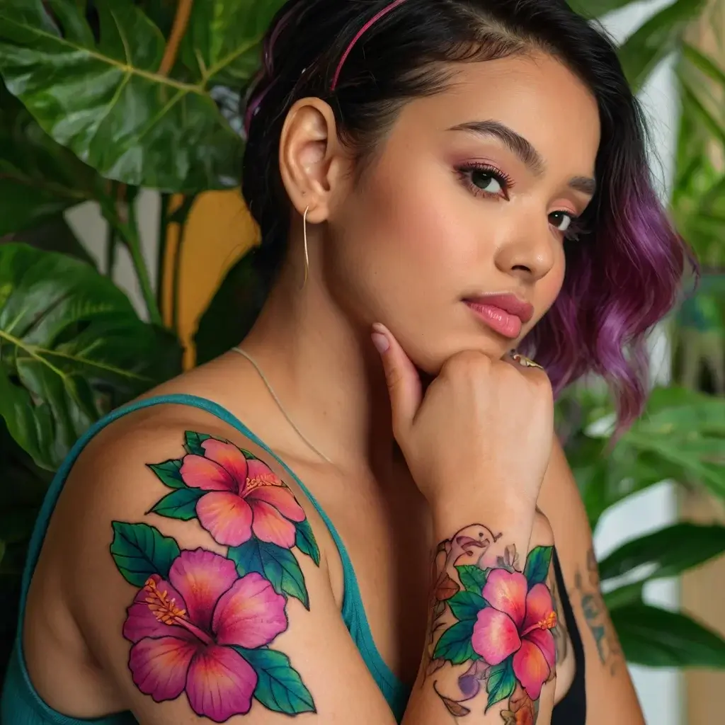 Vibrant hibiscus tattoos with orange and pink petals, accented in green, adorn the shoulder and forearm.