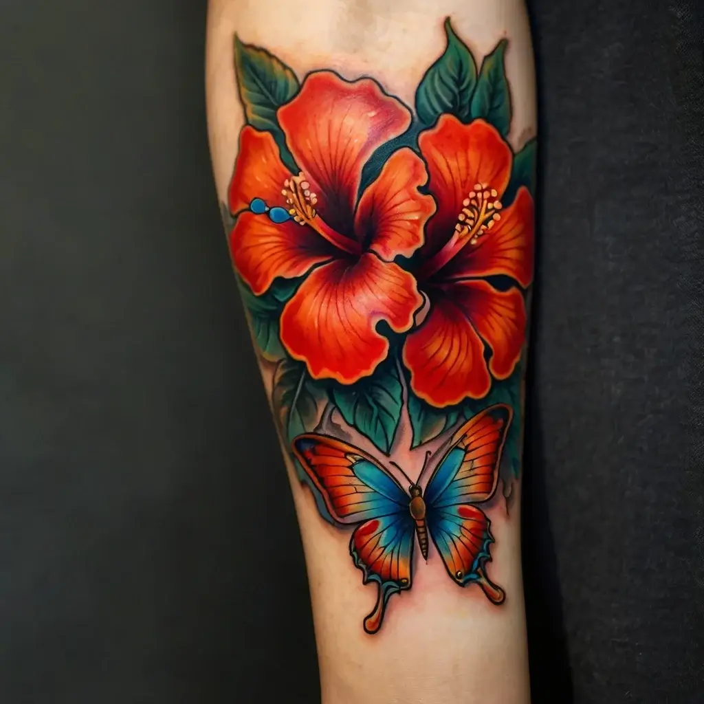 Vibrant tattoo of an orange hibiscus flower with lush green leaves and a colorful butterfly below, blending reds and blues.