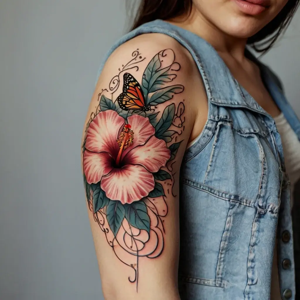 Bright hibiscus and monarch butterfly tattoo on upper arm, with intricate swirls and detailed leaves enhancing femininity.