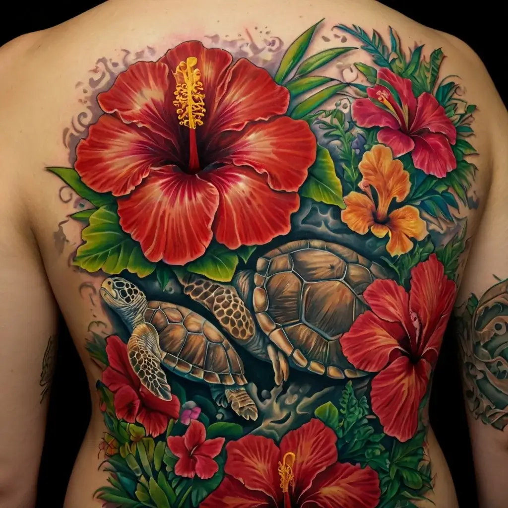 Vivid tattoo of red hibiscus flowers and sea turtles on a back, featuring lush green leaves and vibrant tropical colors.