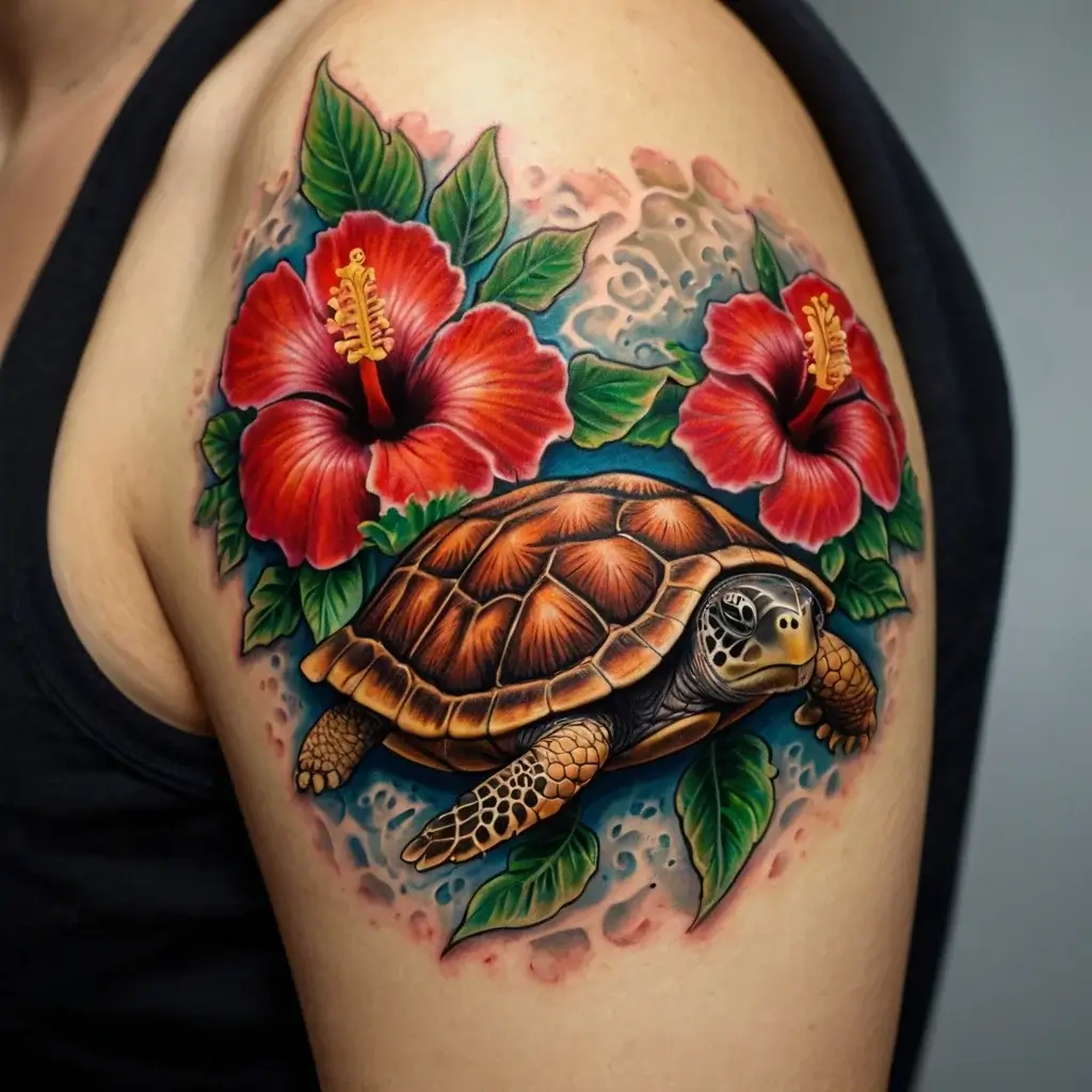 Realistic sea turtle with vibrant red hibiscus flowers and lush green leaves on upper arm, featuring intricate details.