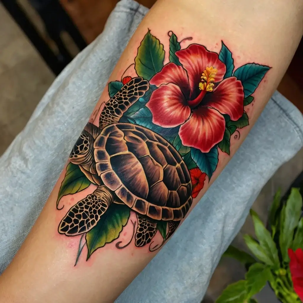 Vibrant tattoo of a sea turtle with intricate shell detail, surrounded by hibiscus flowers and lush green leaves.