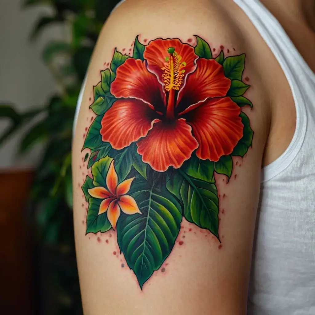 Vivid tattoo of red hibiscus and small orange flower with lush green leaves, showcasing vibrant colors and detailed shading.