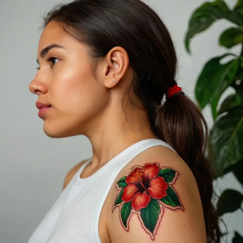 Colorful hibiscus tattoo with vivid red petals and green leaves on shoulder, symbolizing beauty and tropical charm.