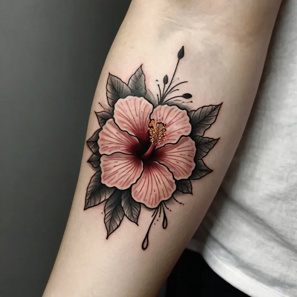 Tattoo of a pink hibiscus with detailed petals and black leaves on the arm, capturing elegance and boldness.