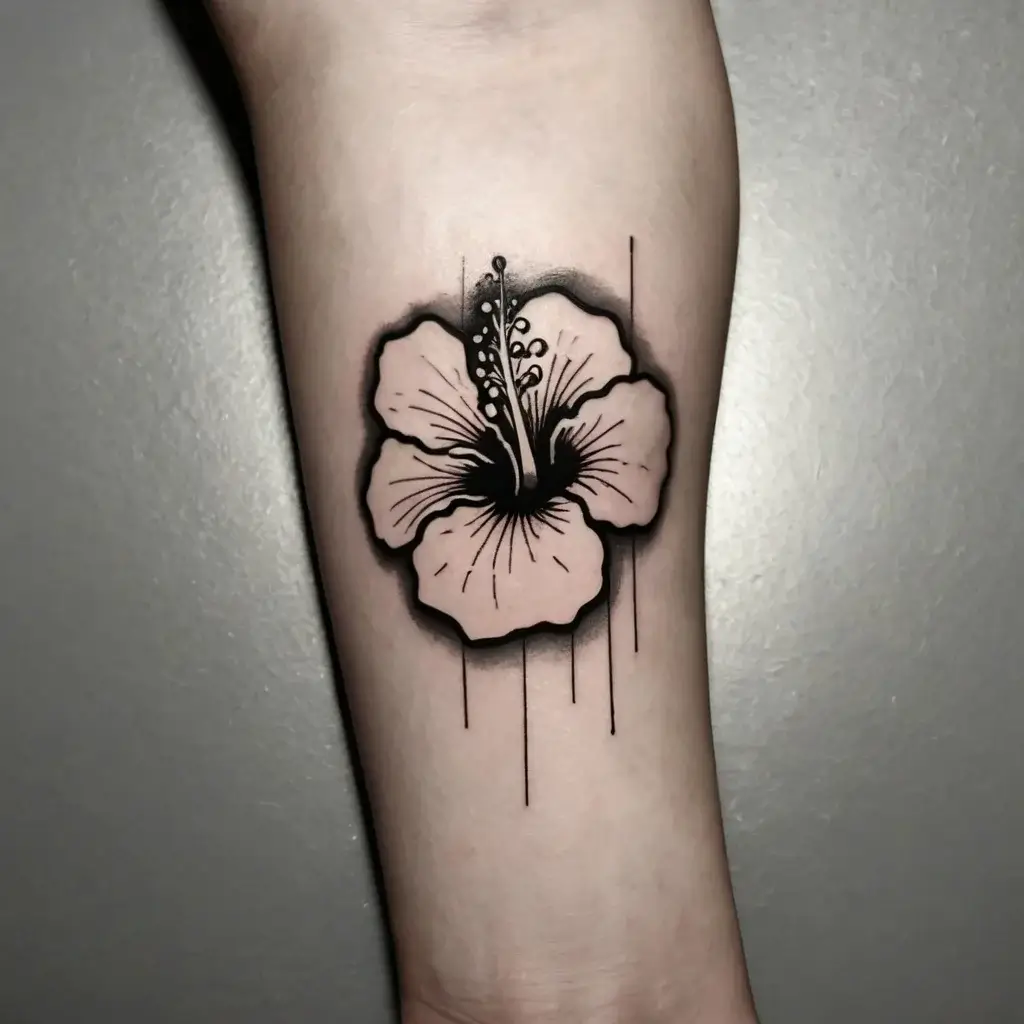 Bold hibiscus flower tattoo in black and pink with geometric line accents, blending realism and abstraction.