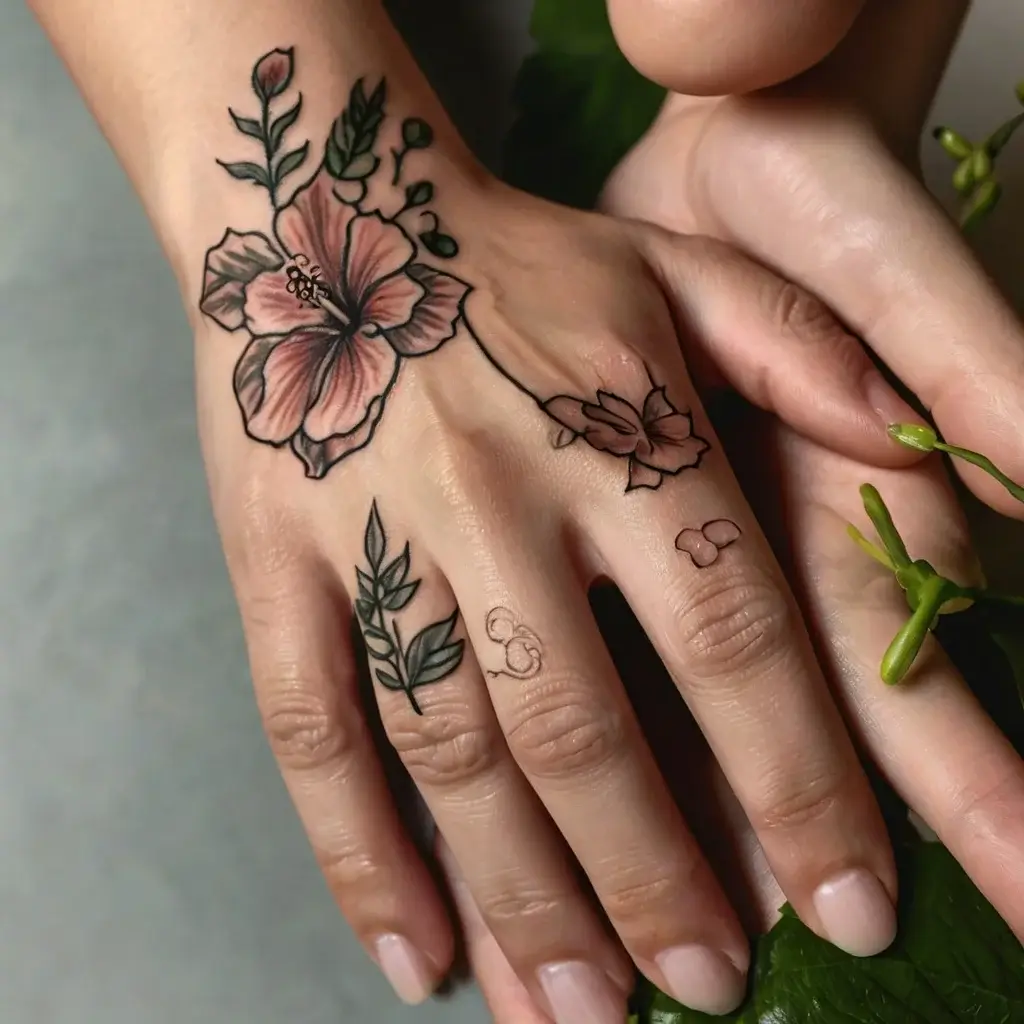 Hand tattoo with a shaded pink hibiscus flower, leafy branches, and delicate line details flowing across fingers.