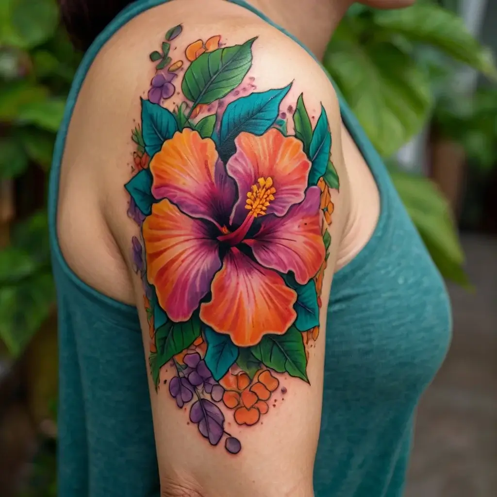 Bright hibiscus tattoo with vivid orange and purple petals, accented by green leaves and small purple flowers.