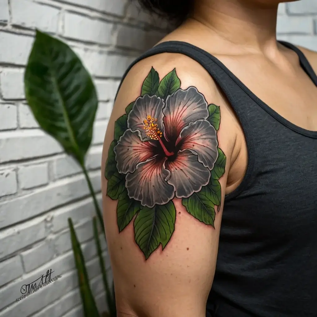 Tattoo of a vibrant hibiscus flower with red-tipped petals and lush green leaves, elegantly inked on an upper arm.