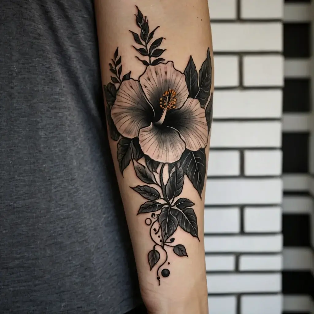 Tattoo of a large hibiscus with detailed shading, surrounded by leaves and vines, creating a bold, elegant forearm piece.