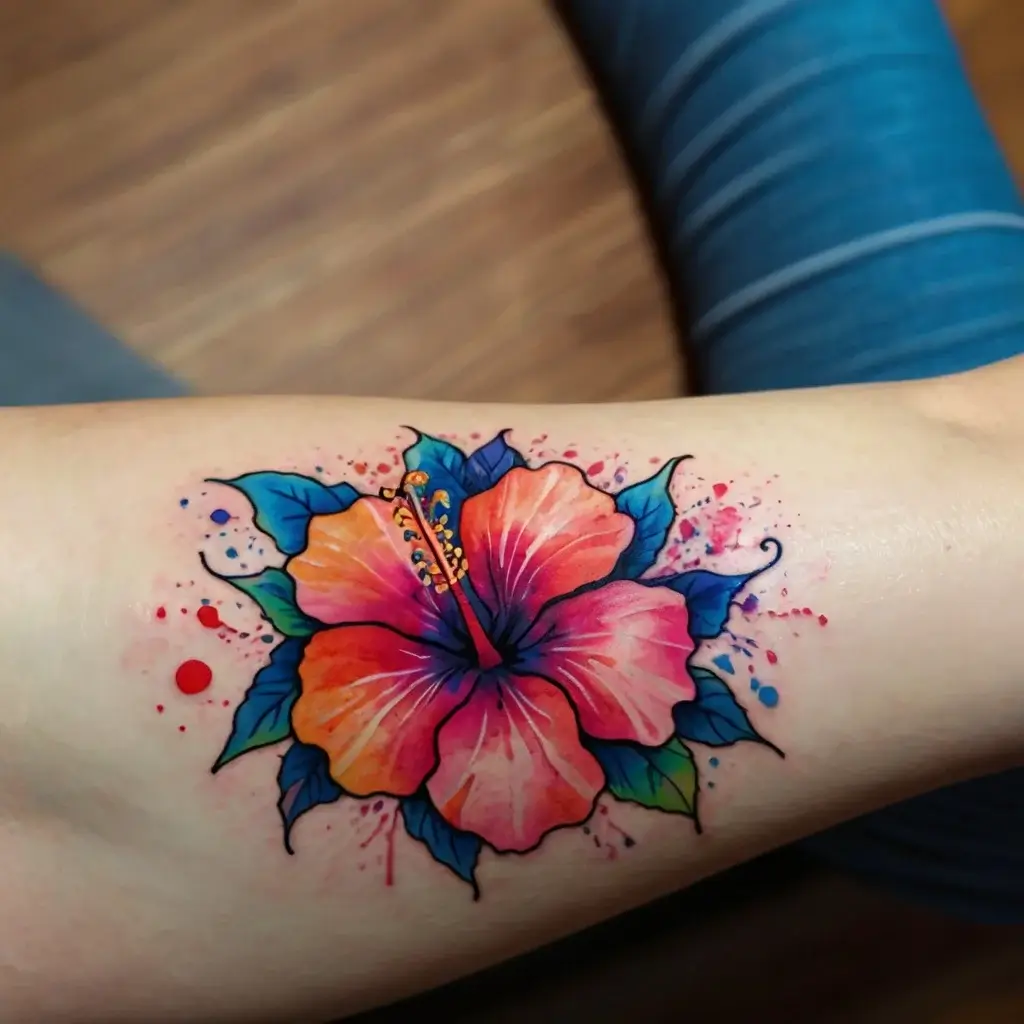 Vibrant hibiscus tattoo with bold orange petals, blue leaves, and watercolor splash accents on the forearm.