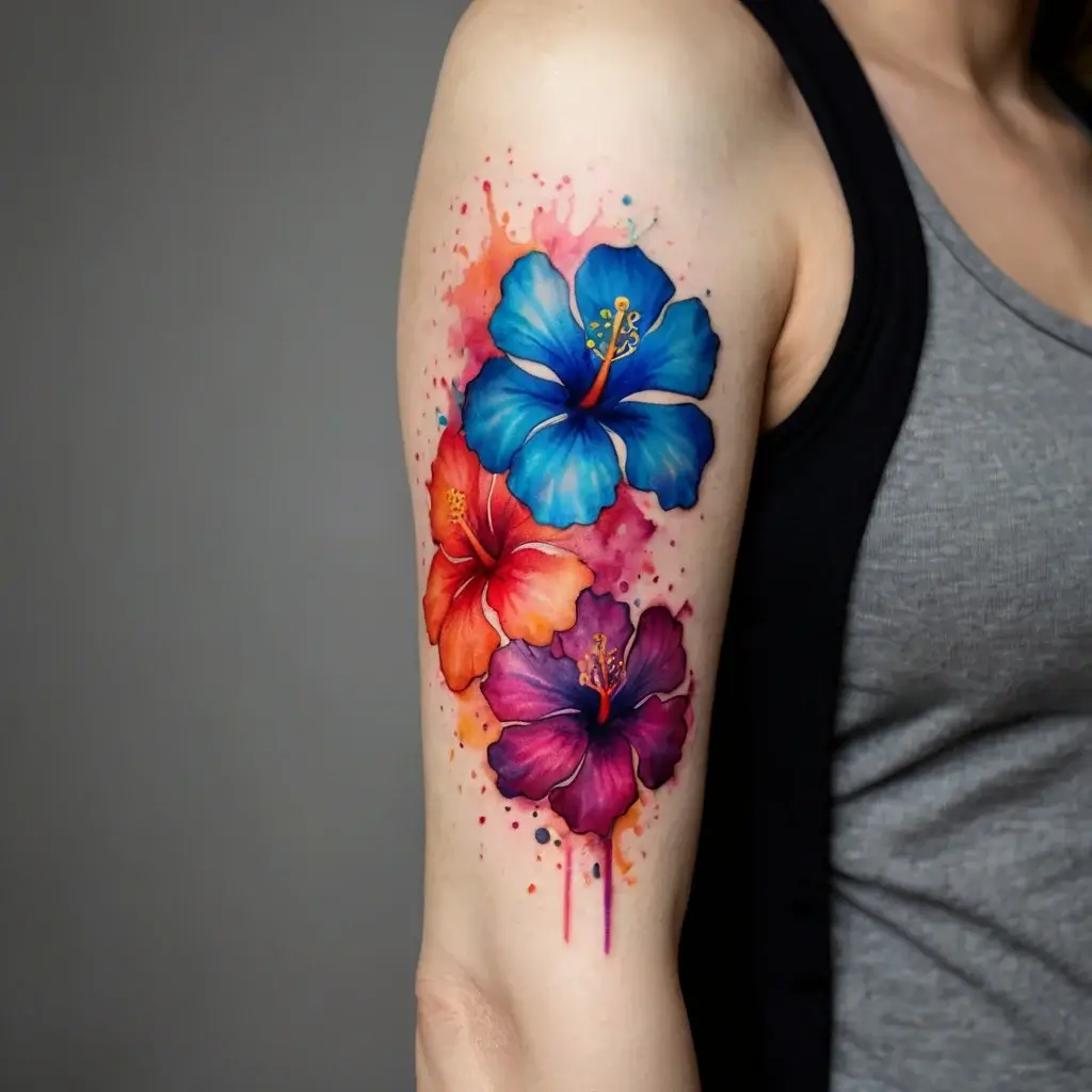 Vivid tattoo of blue, orange, and purple hibiscus flowers in watercolor style on upper arm, with splattered ink accents.