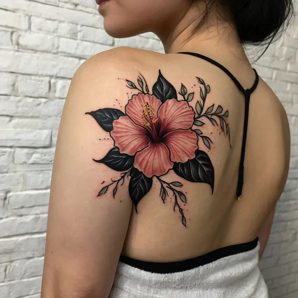 Tattoo of a vibrant pink hibiscus with bold black leaves on shoulder, accented with small green leaves and dots.