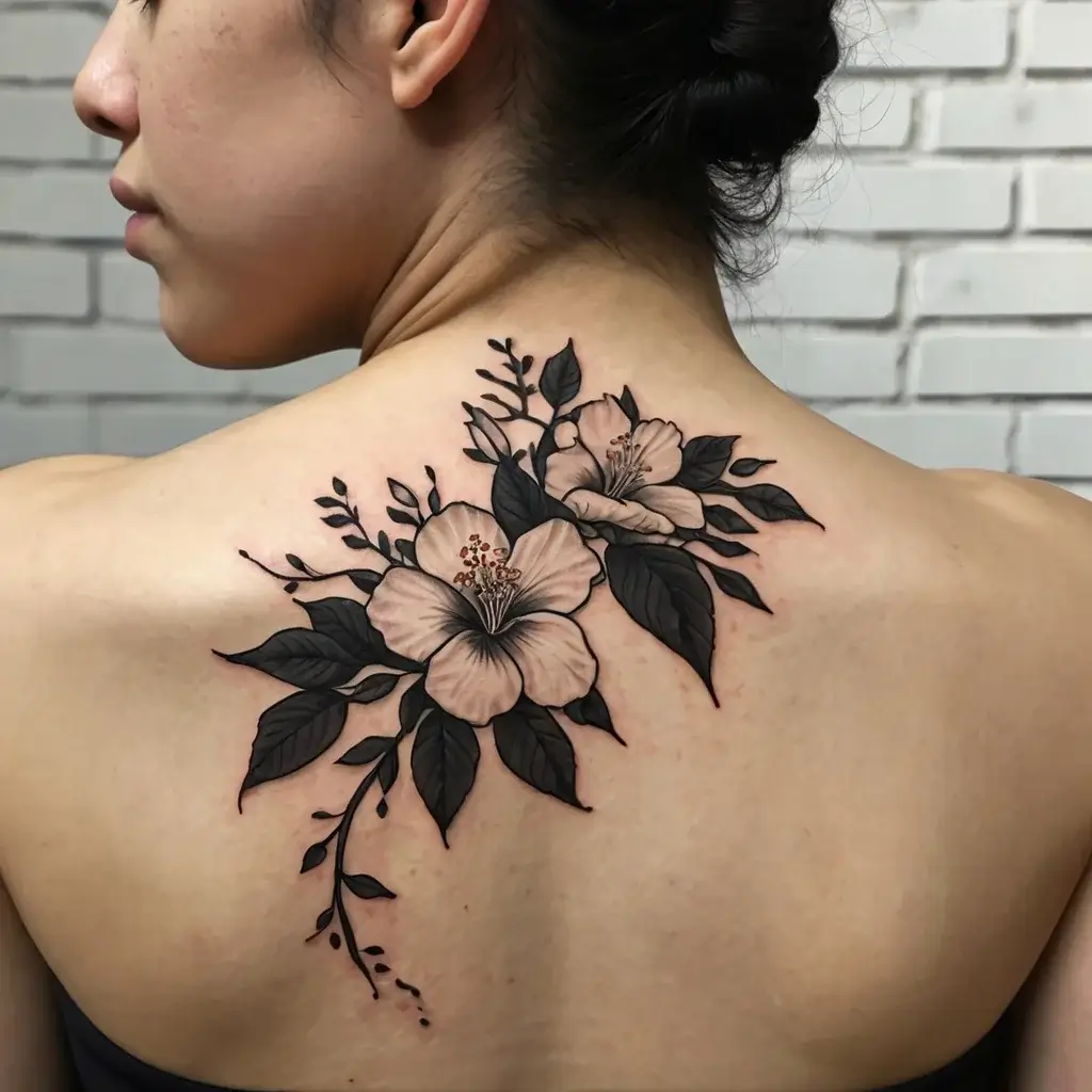 Elegant floral tattoo on upper back features two hibiscus flowers with detailed black foliage.