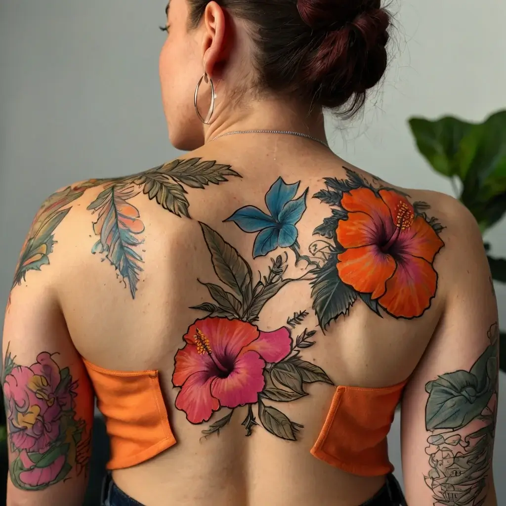 Colorful tattoos of hibiscus flowers and leaves adorn a woman's back, featuring hues of orange, pink, blue, and green.